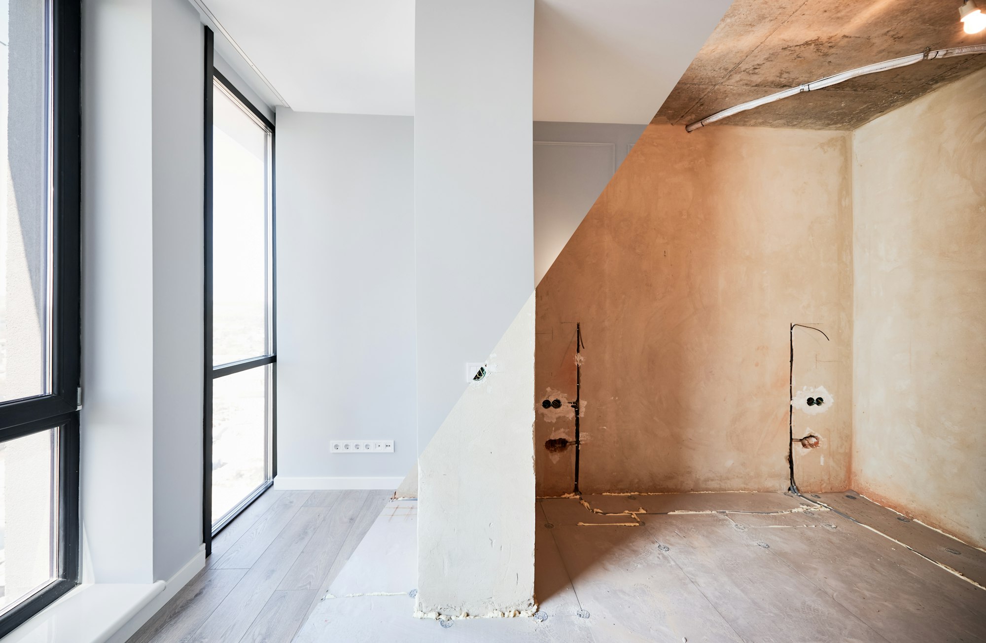 Photo collage of bedroom before and after renovation.